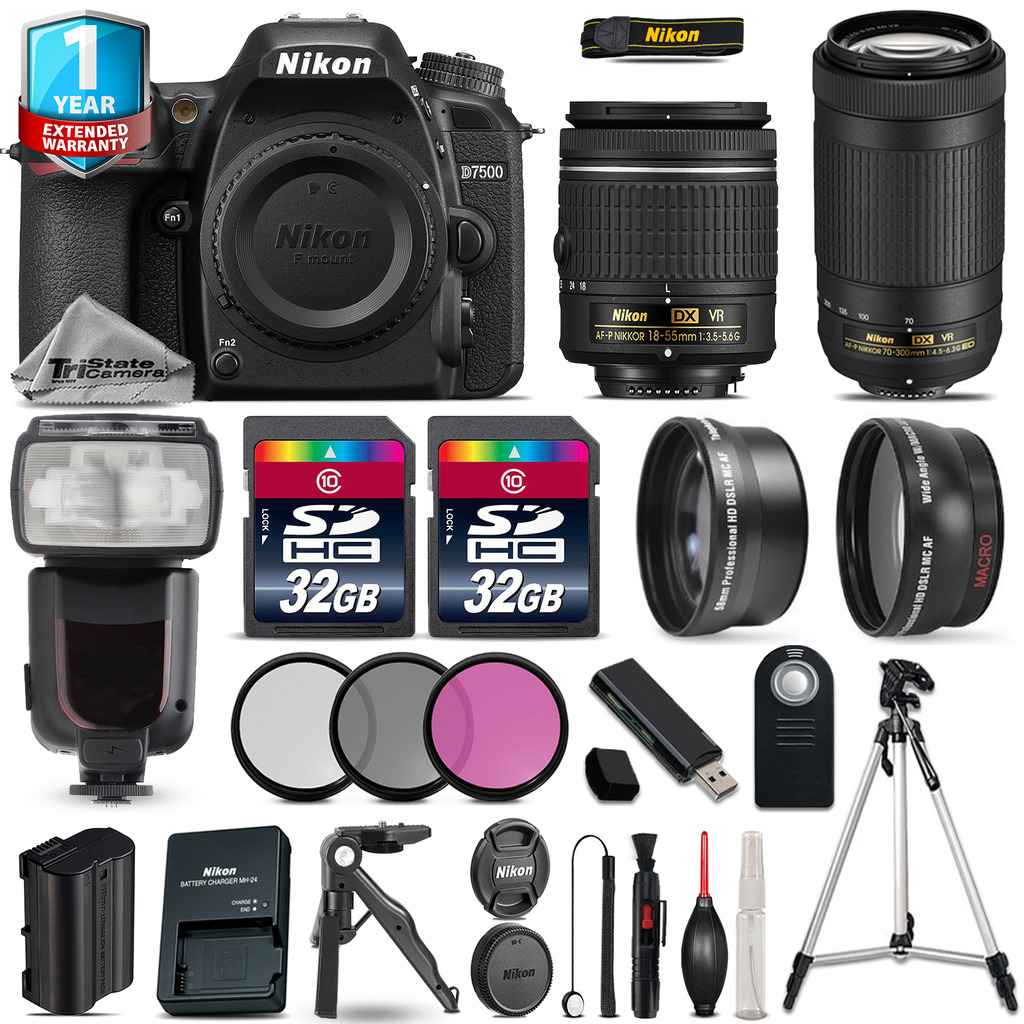 D7500 Camera + AF-P 18-55mm VR + 70-300mm VR + 64GB + Flash +1yr Warranty *FREE SHIPPING*