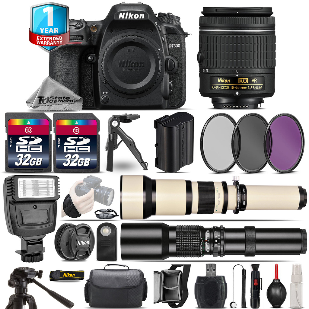 D7500 Camera + AF-P 18-55mm VR + 650-1300mm + 500mm + 1yr Warranty + 64GB *FREE SHIPPING*