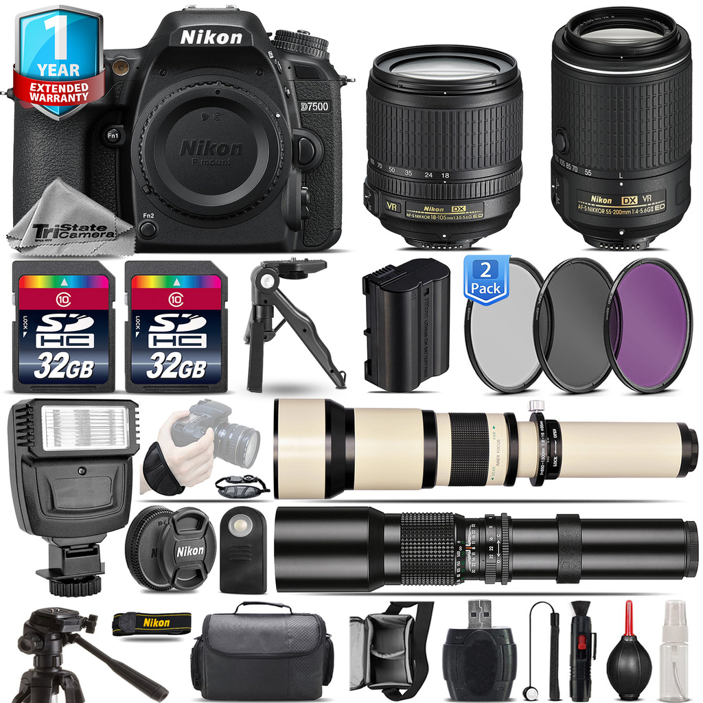 D7500 DSLR Camera + 18-105mm VR + 55-200mm VR II + 1yr Warranty - 64GB Kit *FREE SHIPPING*
