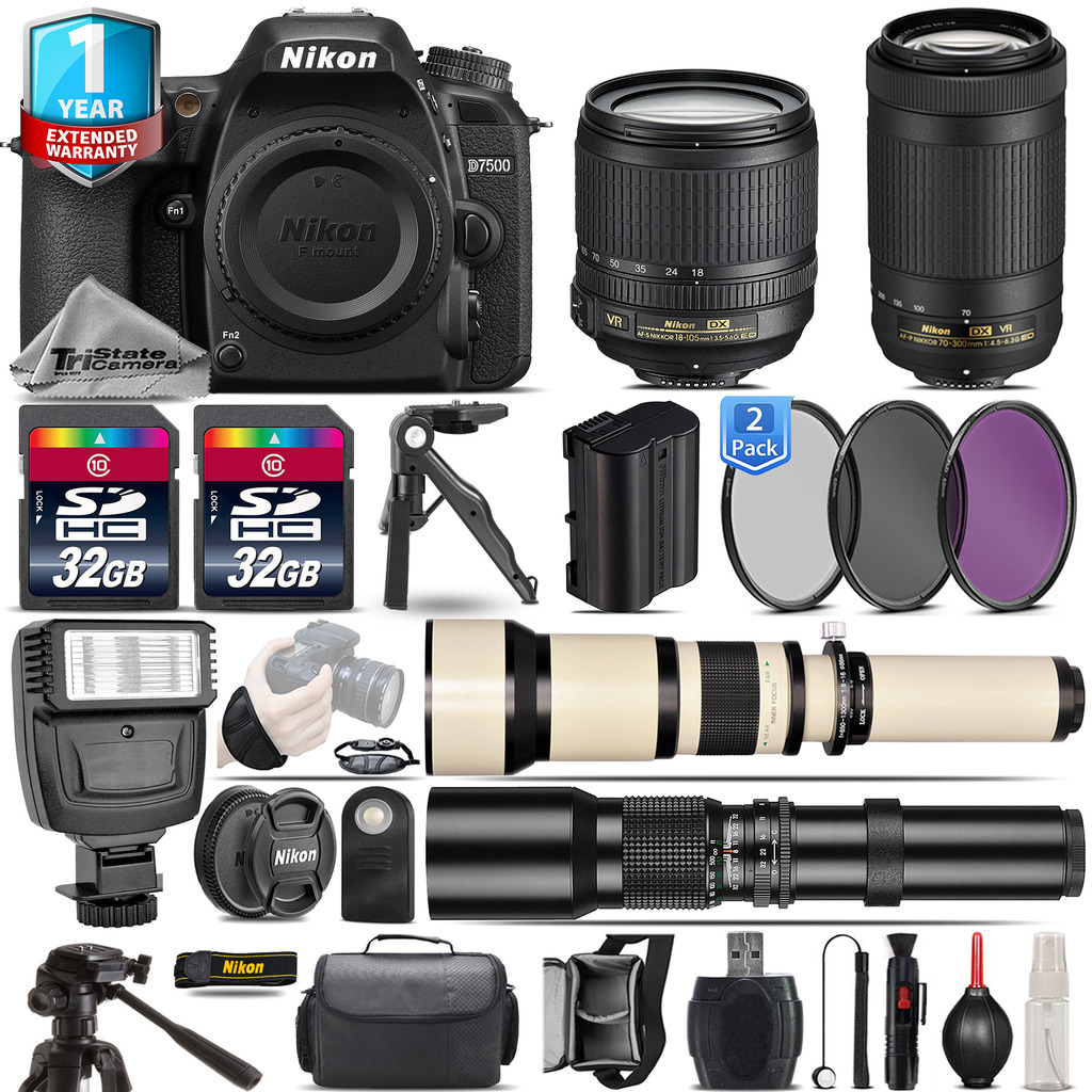 D7500 DSLR Camera + 18-105mm VR + AFP 70-300mm VR + 1yr Warranty -64GB Kit *FREE SHIPPING*