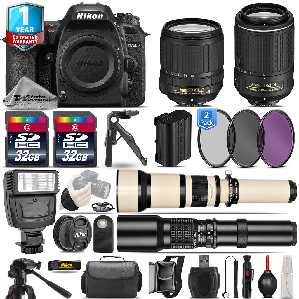 D7500 Camera + AF-S 18-140mm VR + 55-200mm VR II + 1yr Warranty - 64GB Kit *FREE SHIPPING*