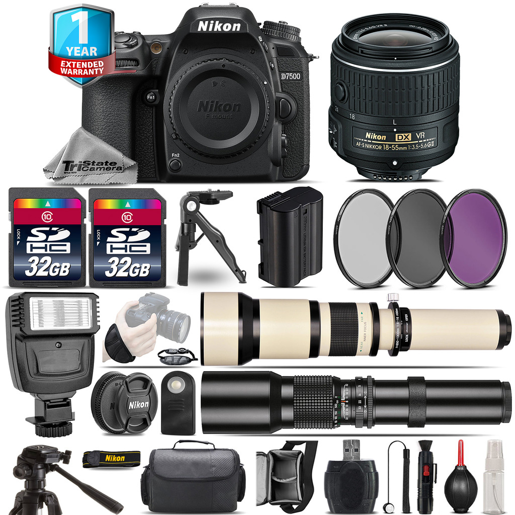 D7500 DSLR Camera + 18-55mm VR + 650-1300mm + 500mm + 1yr Warranty + 64GB *FREE SHIPPING*