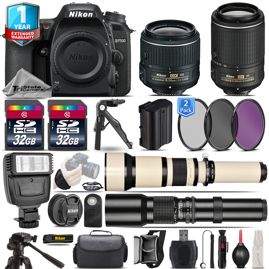 D7500 DSLR Camera + 18-55mm VR + 55-200mm VR II + 1yr Warranty - 64GB Kit *FREE SHIPPING*
