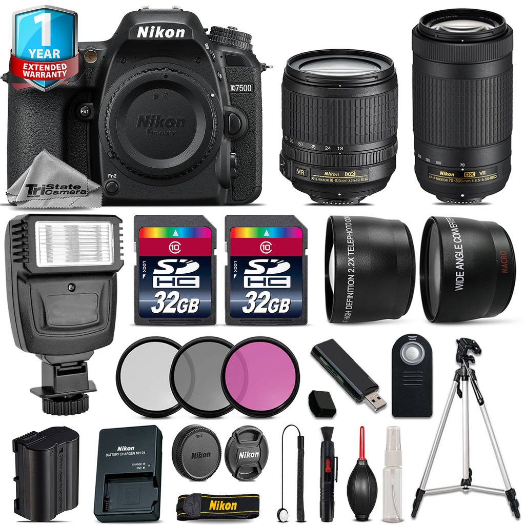 D7500 Camera + 18-105mm VR + 70-300mm VR + 64GB + Flash + 1yr Warranty *FREE SHIPPING*