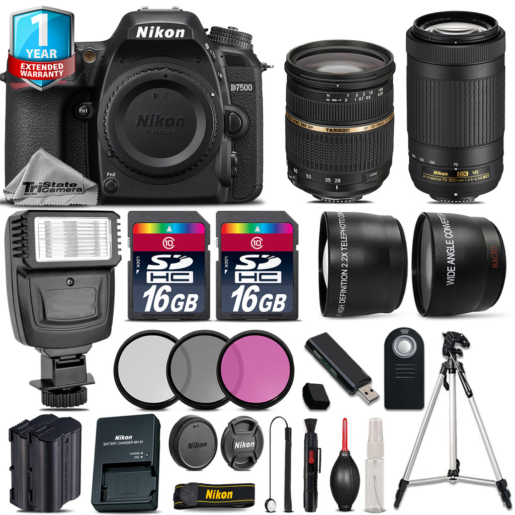 D7500 Camera + 28-75mm 2.8 XR + 70-300mm + Flash + EXT BAT + 1yr Warranty *FREE SHIPPING*
