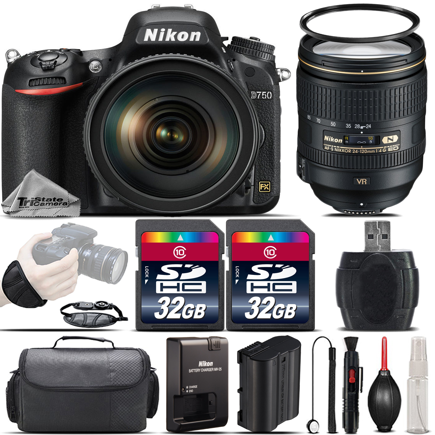 D750 DSLR WiFi FX Camera + Nikon 24-120 VR Lens + Wrist Grip - 64GB Kit *FREE SHIPPING*