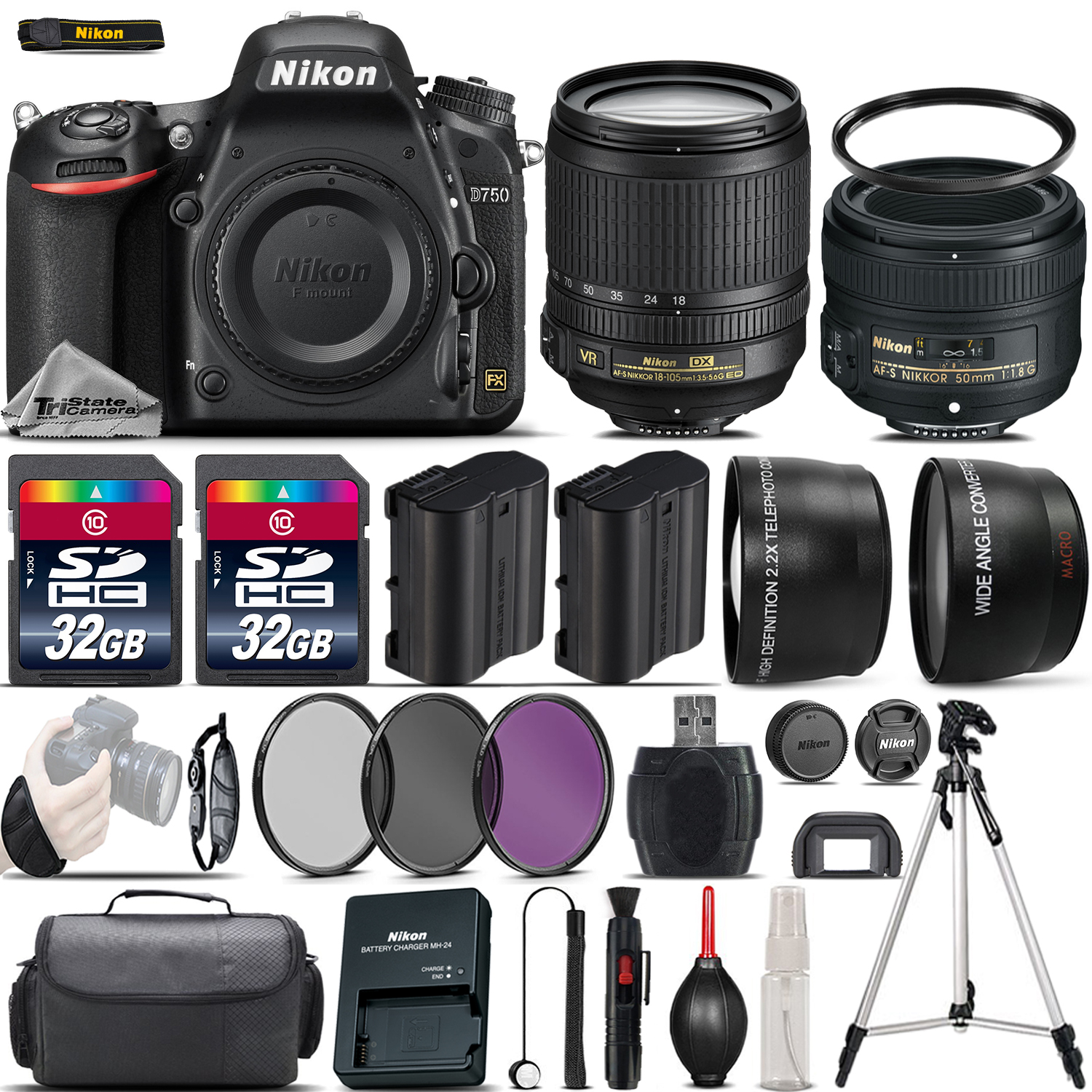 D750 Digital SLR Camera + 18-105mm VR + 50mm 1.8G Lens + 64GB -4 Lens Kit *FREE SHIPPING*