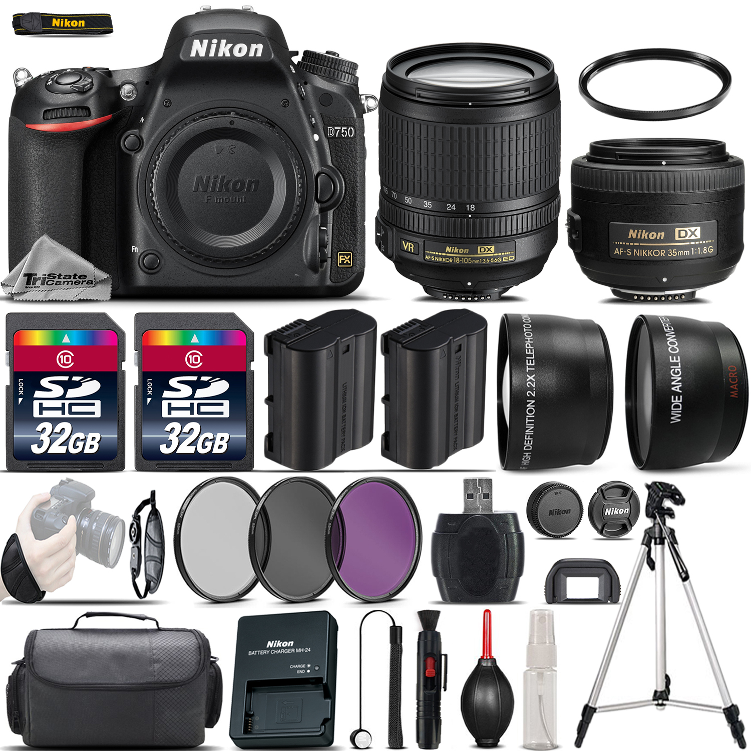 D750 Digital SLR Camera + 18-105mm VR + 35mm 1.8G Lens + 64GB -4 Lens Kit *FREE SHIPPING*