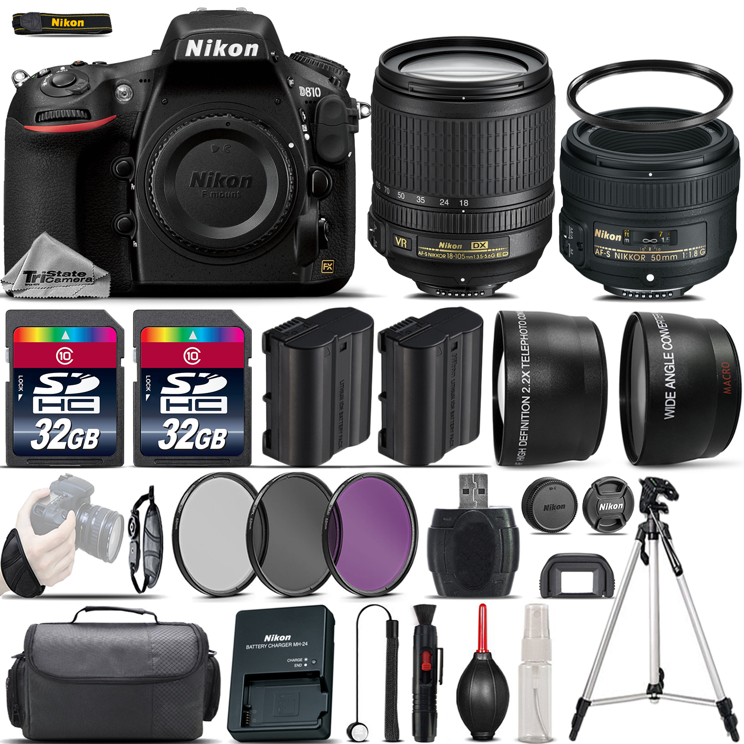 D810 Digital SLR Camera + 18-105mm VR + 50mm 1.8G Lens + 64GB -4 Lens Kit *FREE SHIPPING*
