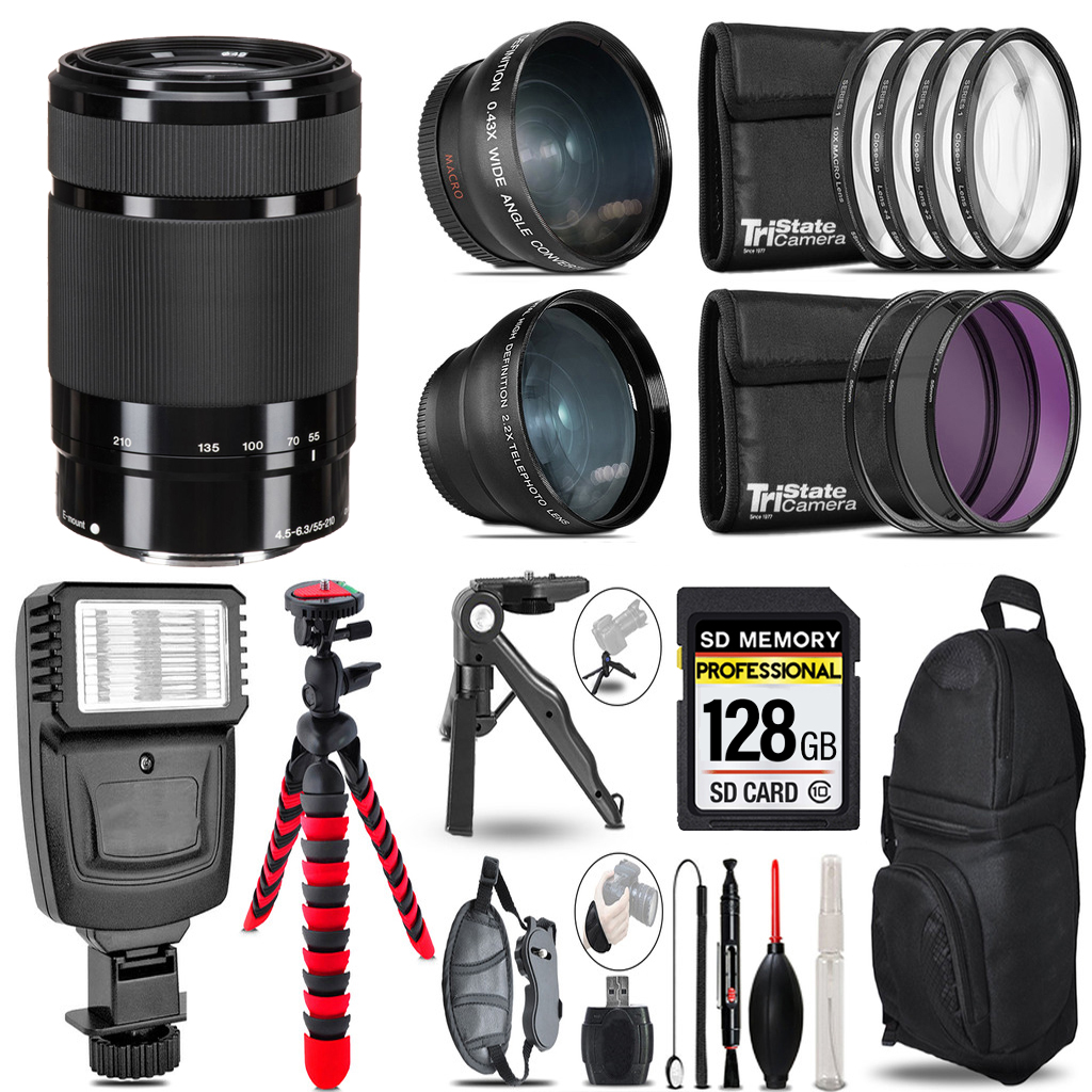 E 55-210mm f/4.5-6.3 OSS Lens (Black) -3 Lens Kit +Flash +Tripod -128GB Kit *FREE SHIPPING*