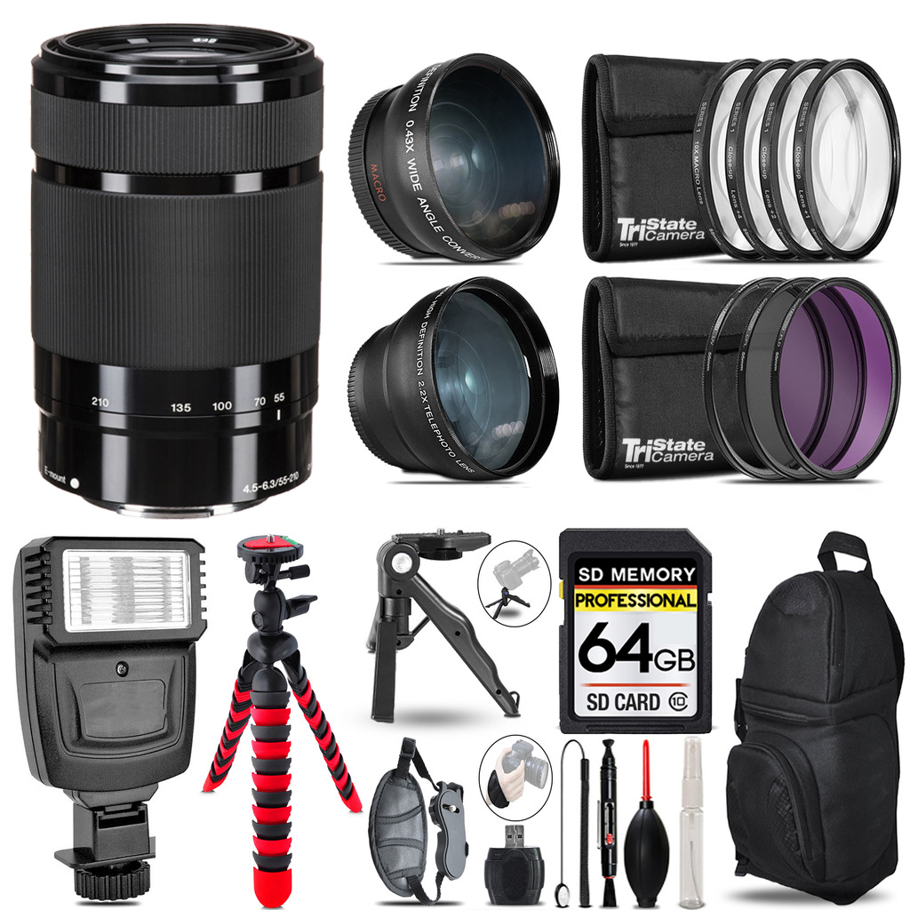 E 55-210mm f/4.5-6.3 OSS Lens (Black) -3 Lens Kit + Flash +Tripod -64GB Kit *FREE SHIPPING*