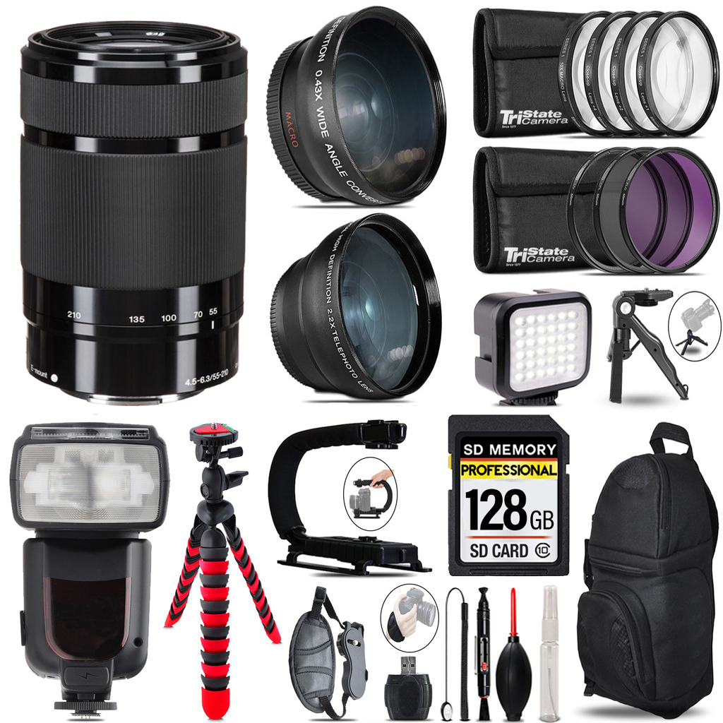 E 55-210mm f/4.5-6.3 OSS Lens (Black) + LED Light + Tripod -128GB Kit *FREE SHIPPING*