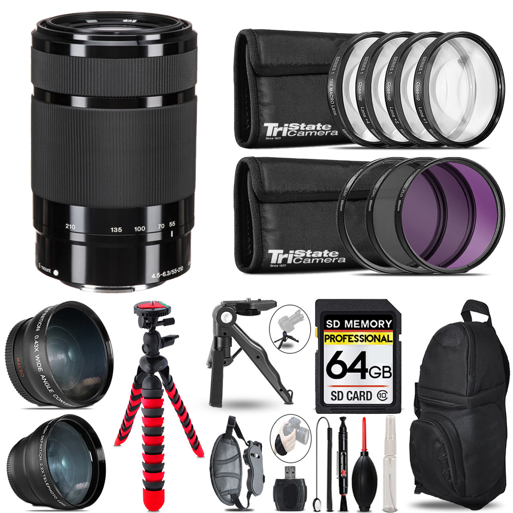 E 55-210mm f/4.5-6.3 Lens (Black)- 3 Lens Kit + Tripod +Backpack -64GB Kit *FREE SHIPPING*