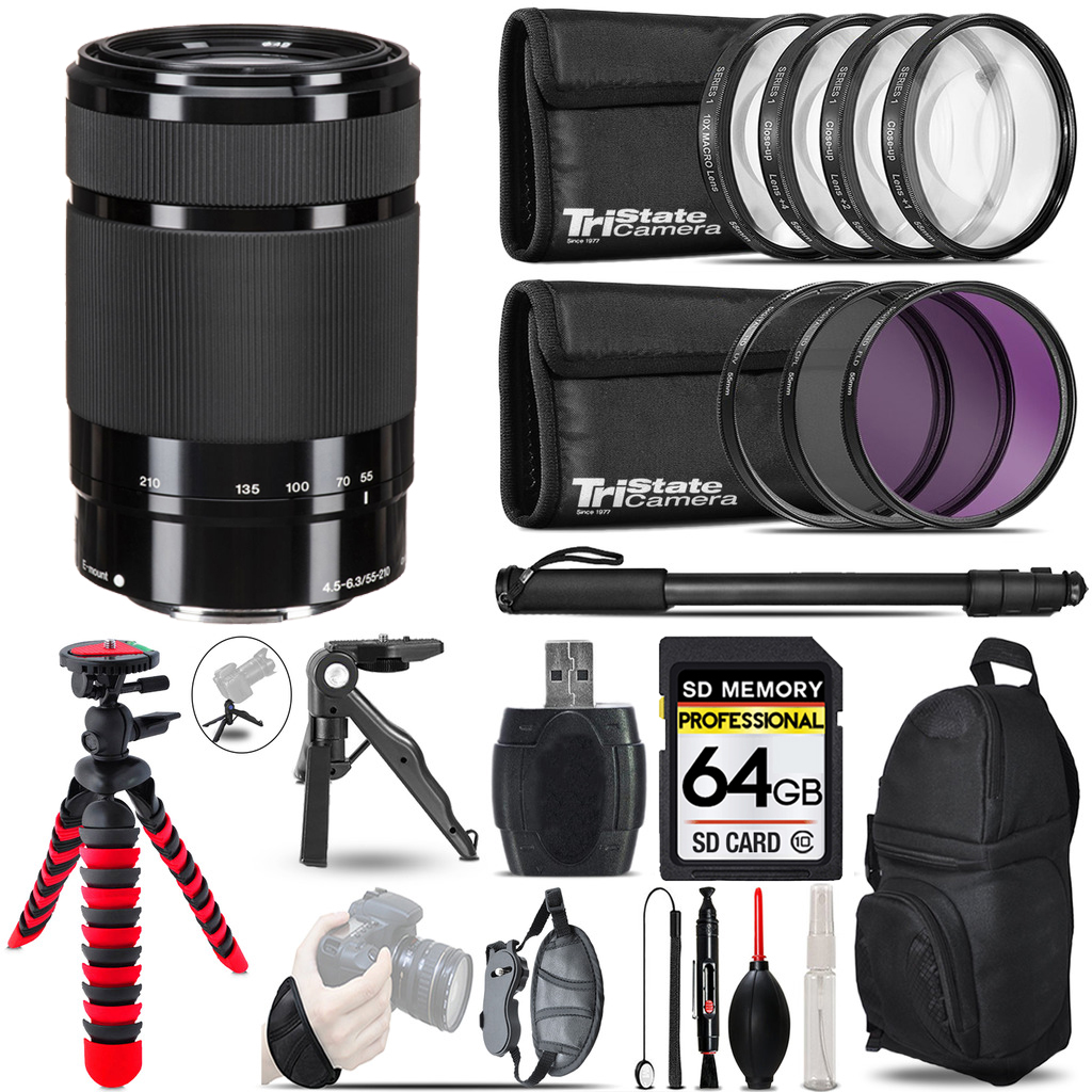 E 55-210mm f/4.5-6.3 Lens (Black) +MACRO, UV-CPL-FLD Filter + Monopad -64GB *FREE SHIPPING*