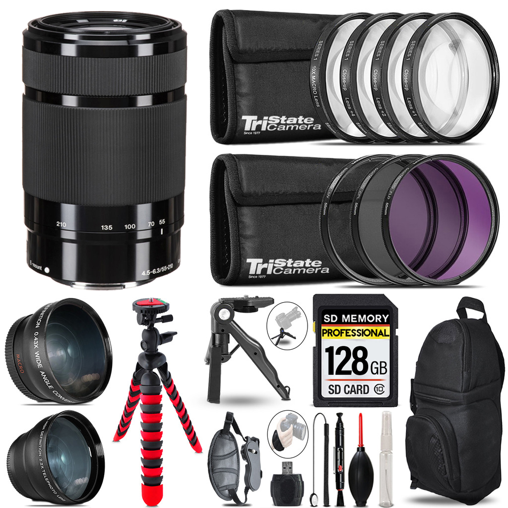 E 55-210mm f/4.5-6.3 Lens (Black) -3 Lens Kit +Tripod +Backpack - 128GB Kit *FREE SHIPPING*