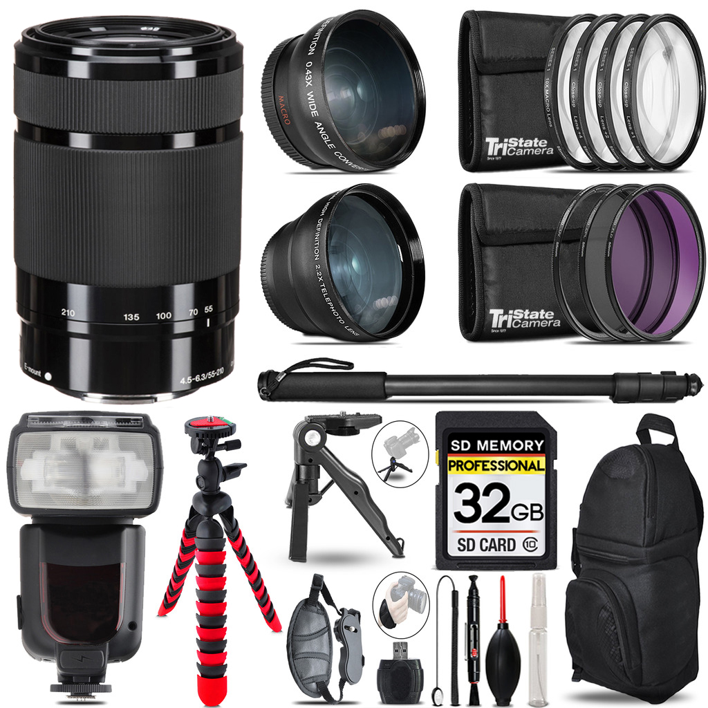 E 55-210mm f/4.5-6.3 OSS Lens (Black) -3 Lens Kit +Monopod -32GB Kit *FREE SHIPPING*
