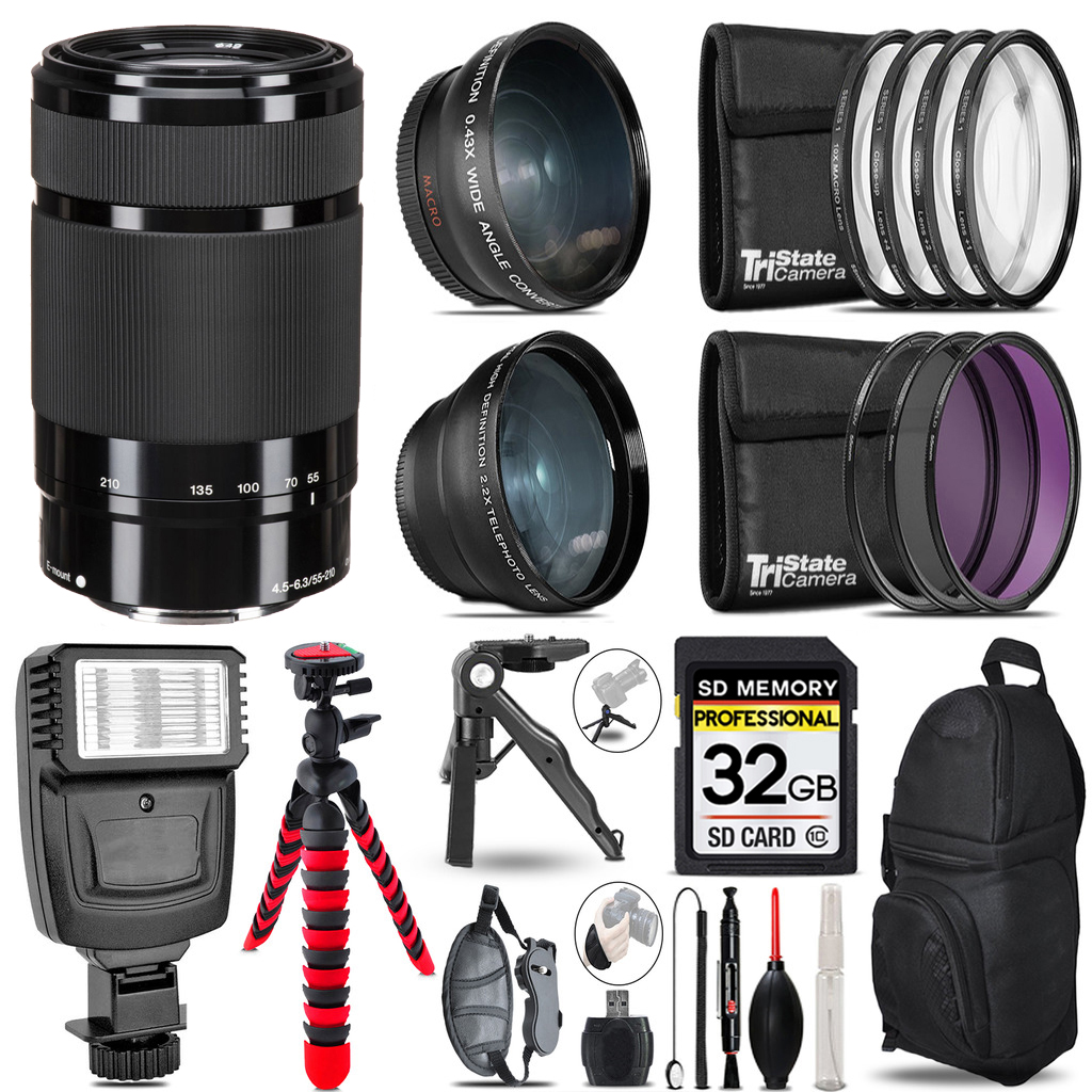 E 55-210mm f/4.5-6.3 Lens (Black) -3 Lens Kit + Flash + Tripod - 32GB Kit *FREE SHIPPING*