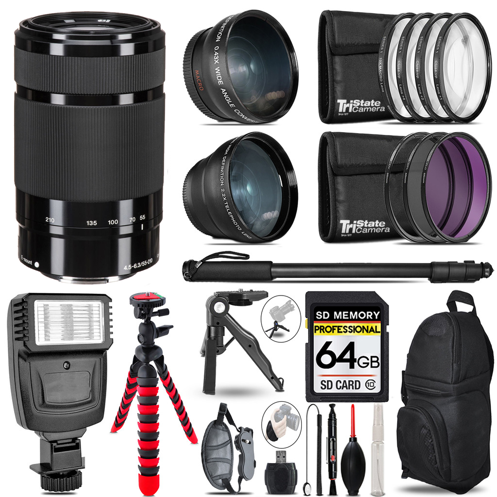 E 55-210mm f/4.5-6.3 Lens (Black) -3 Lens Kit + Flash + Tripod - 64GB Kit *FREE SHIPPING*