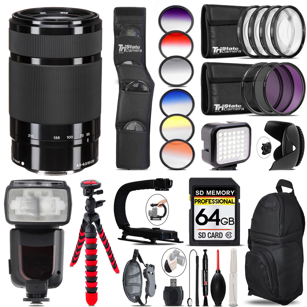E 55-210mm f/4.5-6.3 OSS Lens (Black) + LED Light -64GB Kit Bundle *FREE SHIPPING*