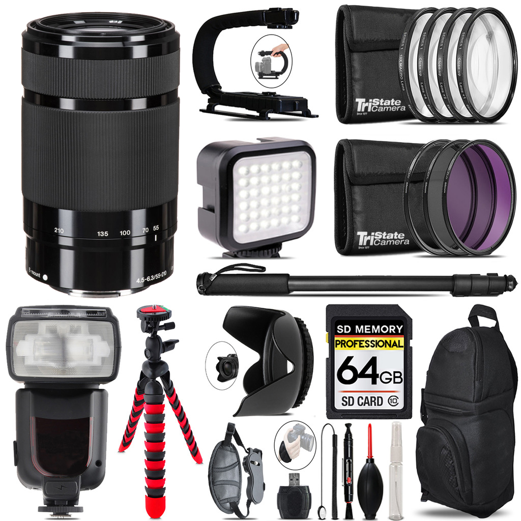 E 55-210mm f/4.5-6.3 OSS Lens (Black) +LED Flash+Bag -64GB Accessory Bundle *FREE SHIPPING*